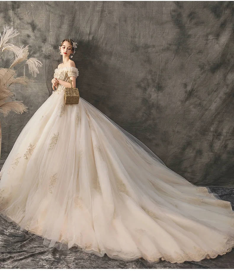 

High-end Off the Shoulder Champagne Wedding Dresses With Appliques Beading Ball Gown Robe de Mariage Bridal Gowns