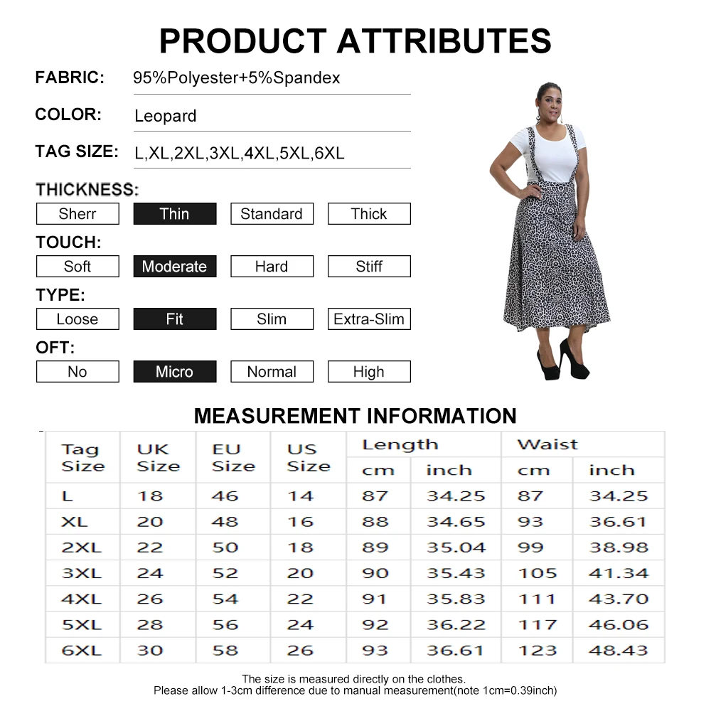 Plus Size Fashion Women Leopard Ladies Skirt High Suspender Skirt Large Size 6XL Oversized Two Shoulder Strap Skirts Midi Length