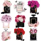 Красивый флакон для духов на футболке, самодельные нашивки с аппликацией на одежду с помощью утюга, красивые цветы на одежде, декоративные нашивки