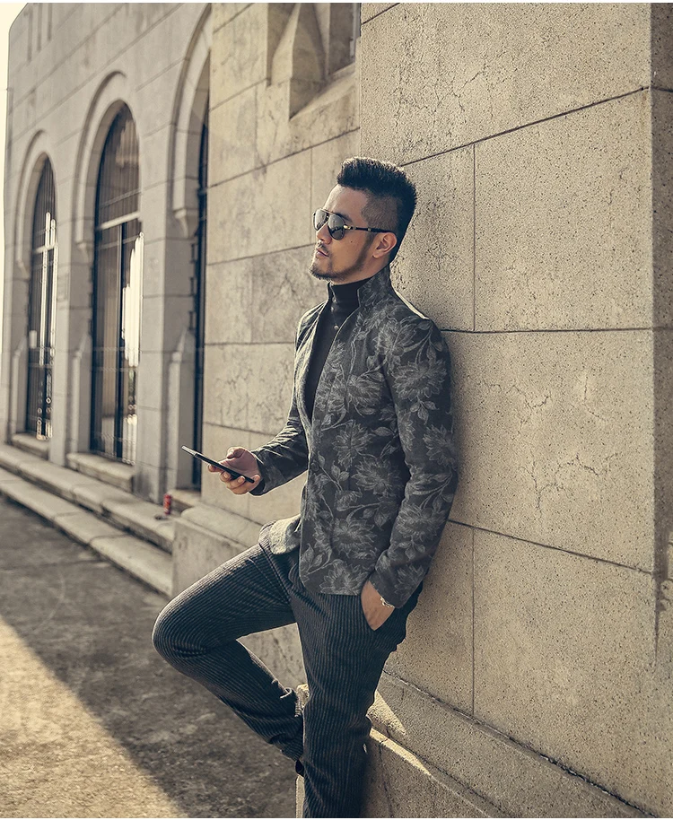 Осенне-зимний шерстяной мужской тонкий костюм повседневный блейзер с принтом