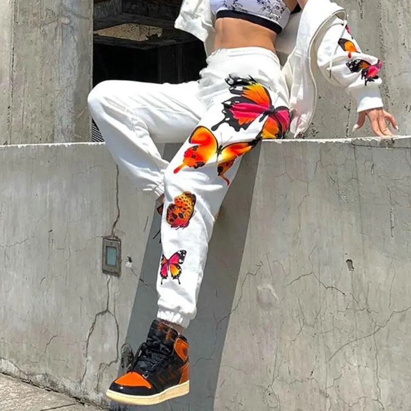 Брюки спортивные женские с принтом бабочки уличная одежда свободные штаны