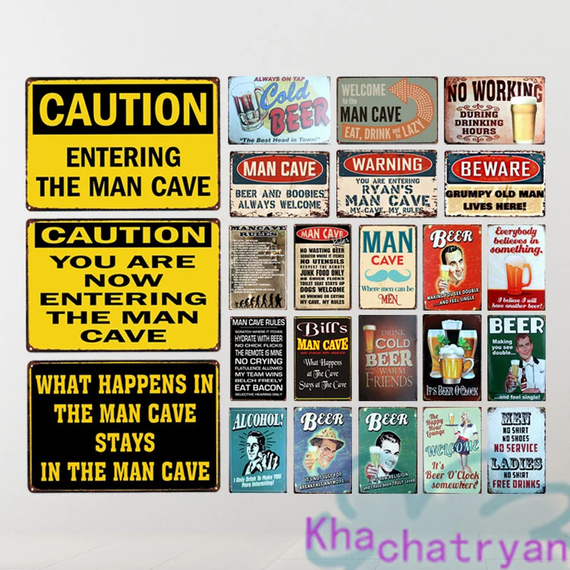 

Man Cave Vintage Metal Plate Ice Cold Beer Caution Painting Iron Tin Sign Wall Art Picture For Pub Bar Club Room Home Decoration