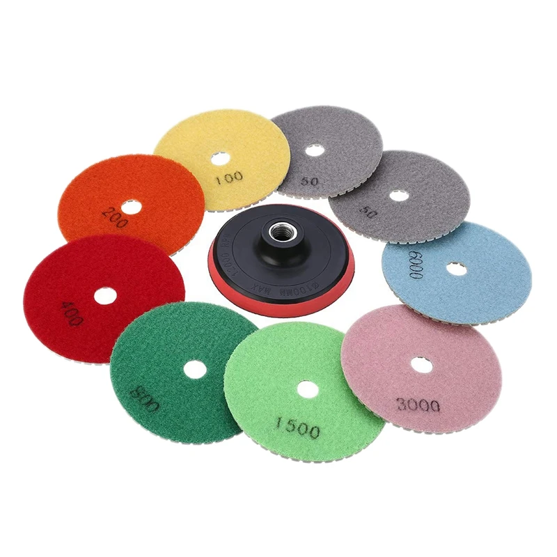 

10Pcs 4 Inch Diamond Polishing Pads Set, M14 Self-Adhesive Holder + 9 Pieces Dry Polishing Pads Kit For Car Auto Granite Marble