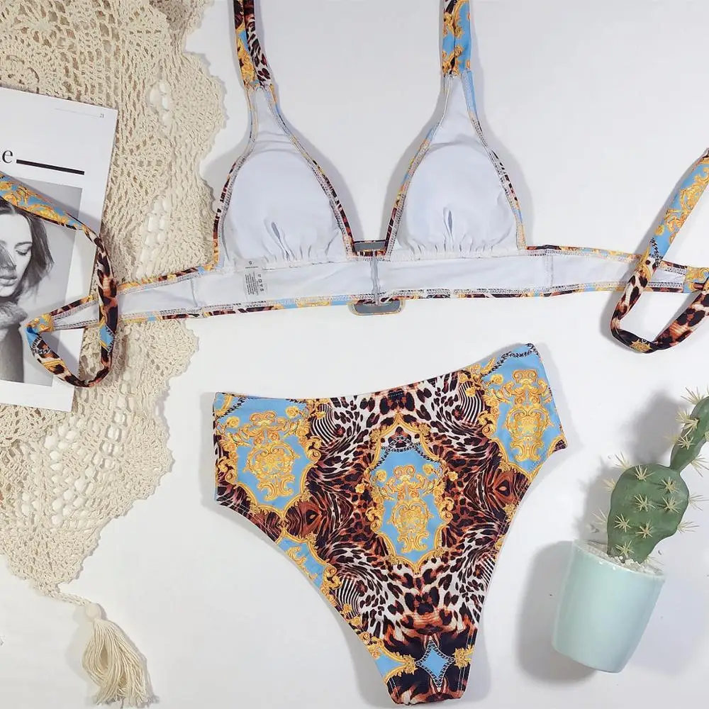 High Waist Swimwear Bikini Set 2020 Women Swimsuit Printed Bathing Suit Halter Beach Trikini Biquinis maillot de bain Femme | Женская