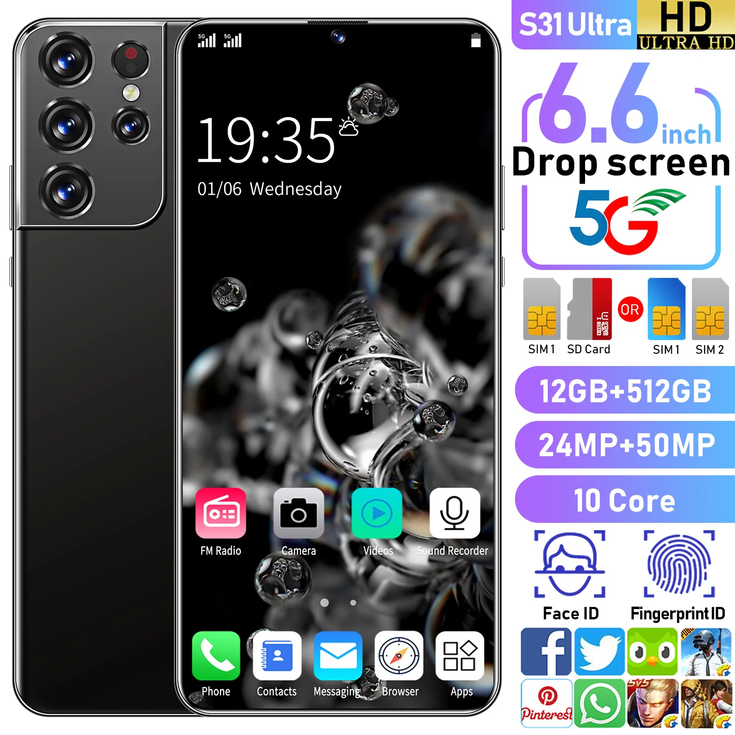 

S31 Ultra Smartphone 6.6 HD Memory 12GB+512GB Android10 Camera 24MP+50MP Dual sim dual standby 5G 6000Mah battery Global Version