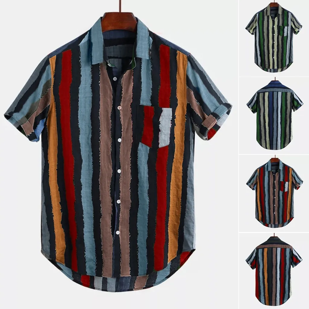 

Hem Shirt Chest Hombre Lump Pocket M-3XL Short hawaiian 2019 Loose Sleeve Shirts Color Multi Stripe Camisas Summer Mens Round Sh