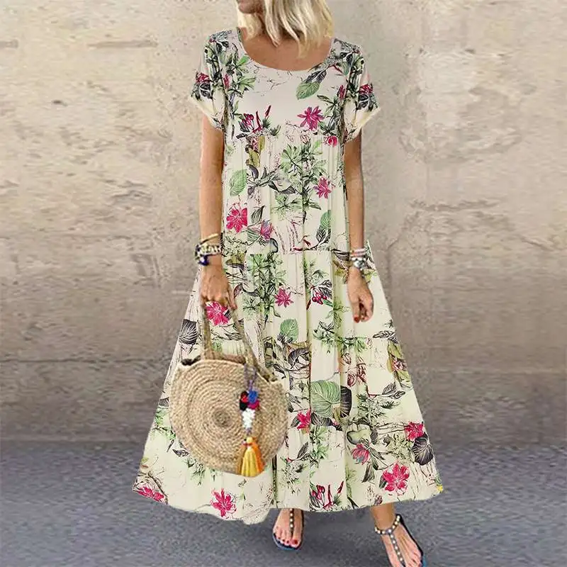 

2021 Summer Dress Women Vintage Floral Printed Short Sleeve Sundress Ladies Bohemian Party Long Vestido Robe Loose Dress