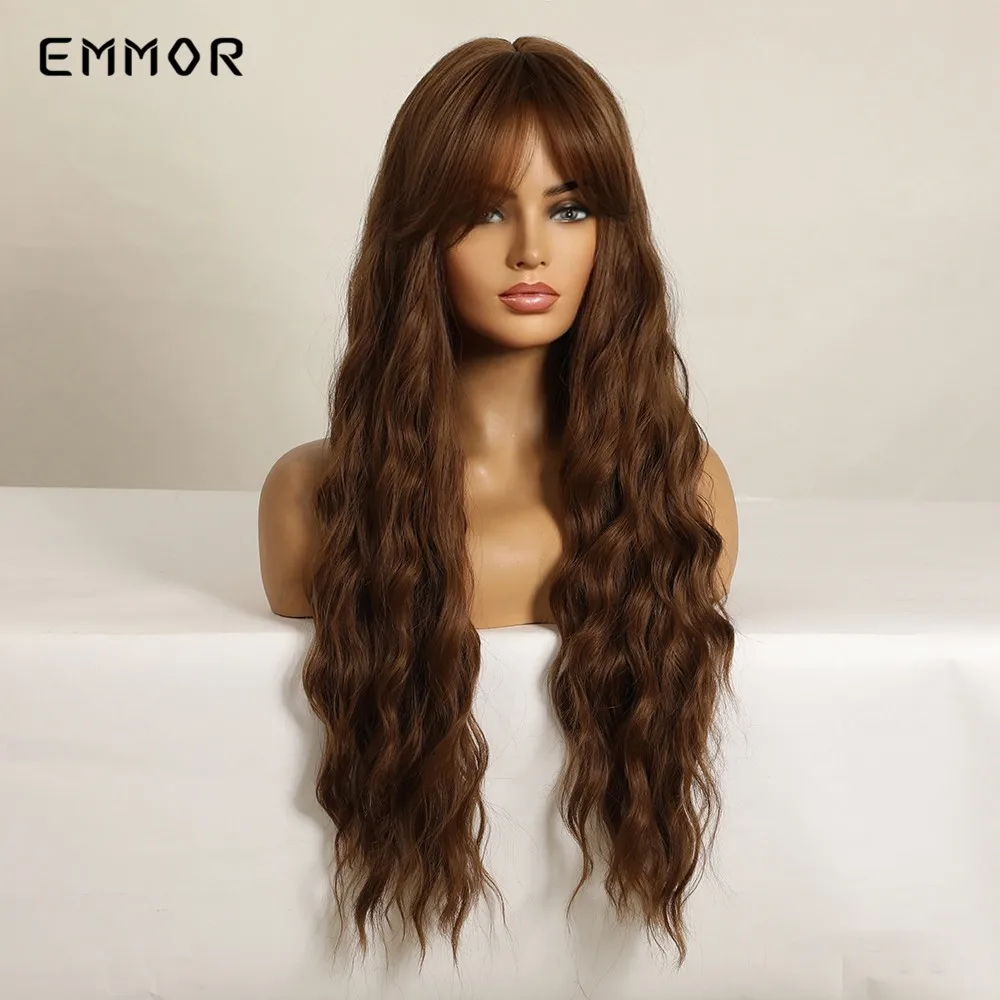 Emmor Синтетические длинные коричневые женские парики с челкой водостойкие