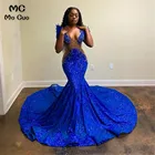 Женское вечернее платье-русалка, длинное синее платье с блестками, расшитое бисером, для выпускного вечера, 2021