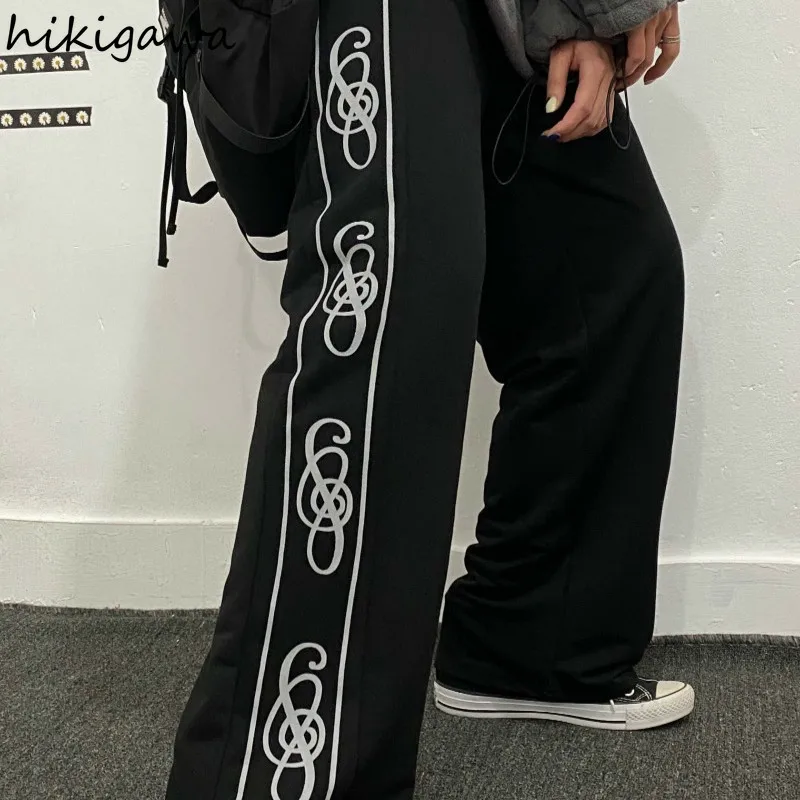 

Hikigawa Women Pants Black Casual Full Length Korean Gothic Print Loose Sweatpants Elastic High Waist Fashion Straight Trousers