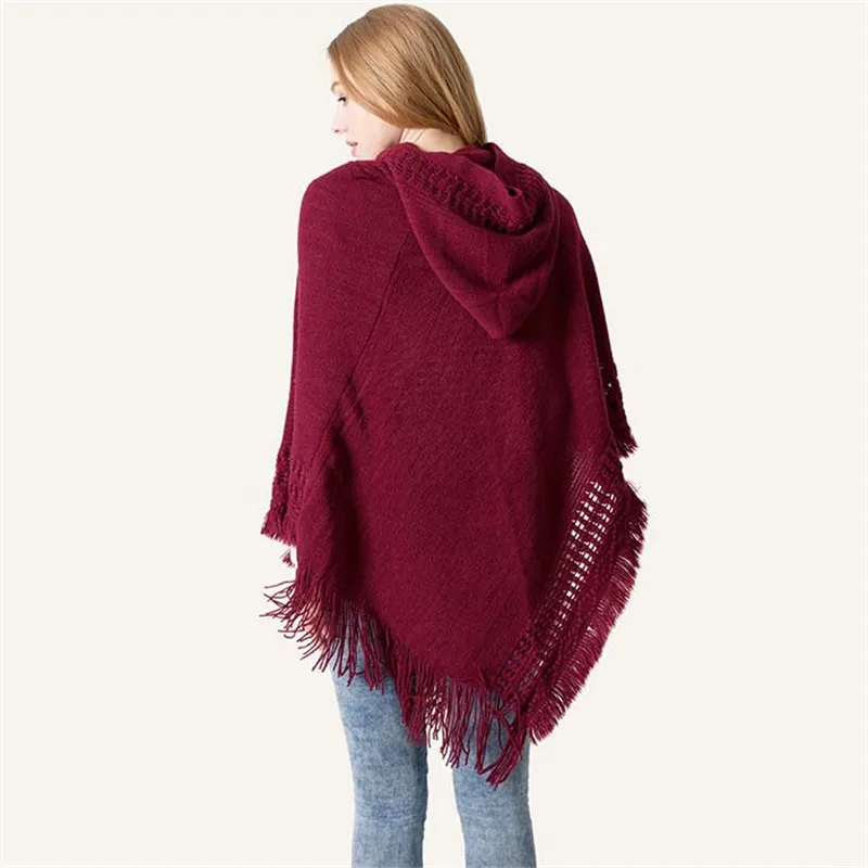 

2020 Yarn knitting Hooded Increase Cutout tassel shawl cloak Keep warm ponchos and capes bandana foulard femme hijab scarf women