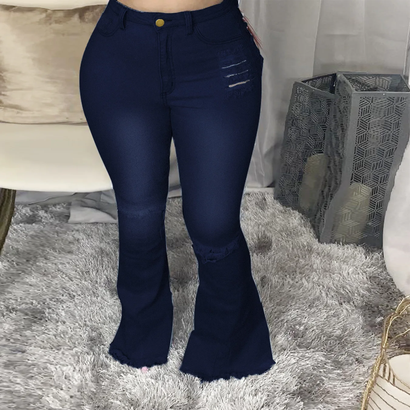 

Indie Plus Size S-3XL Sexy Nightclub Women Ripped Jeans Blue Black Hollow Out Tassels Plus Size High Elastic Denim Flared Pants