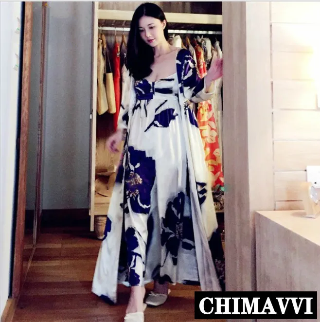 Модная шелковая пижама с принтом длинная ночная рубашка Женский комплект из двух