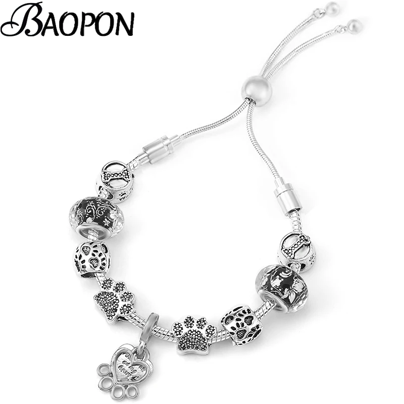 

Серебряные подвесные браслеты с бусинами в виде собачьей лапы с регулируемой цепочкой браслеты для женщин ювелирные изделия подарок Пряма...