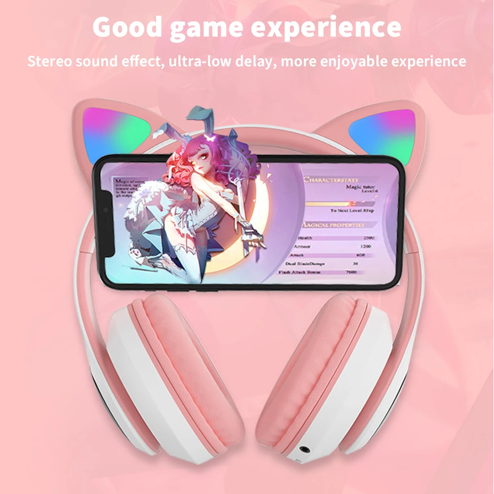 

Cat Ears Over the Ear Headphones Bluetooth-compatible Gaming Headsets Cute LED Wireless Earphones with Microphone Girl Gift