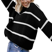 women round neck sweaters casual long sleeve striped print loose cable knit tops
