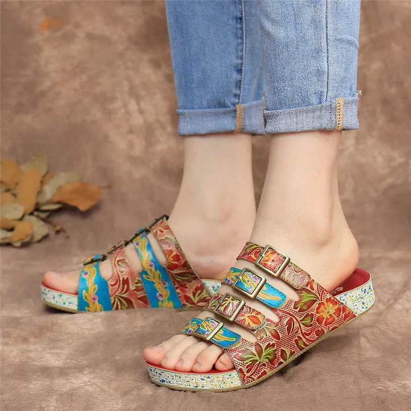 

SOCOFY Women Bohemia Style Leather Shoes Floral Buckle Thick Bottom Flip Flops Sandals Casual Outdoor Beach Slippers Shoes 2020