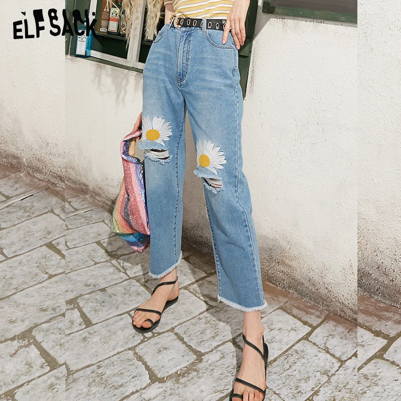 Женские рваные джинсы ELFSACK синие потертые повседневные с цветочной вышивкой