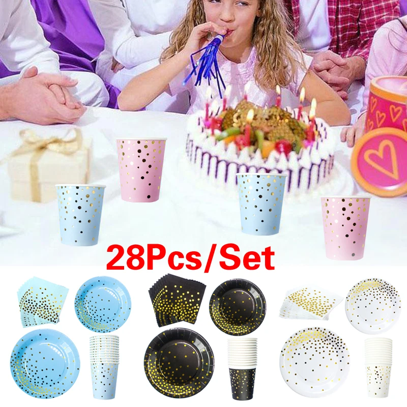 

Одноразовые тарелки для посуды, фольгированные бумажные тарелки в горошек, украшение вечерние, плотный бумажный стакан и поднос, товары для...