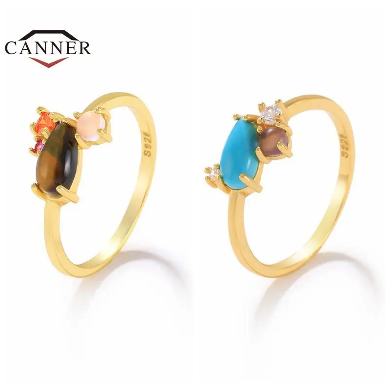 

CANNER 925 Sterling Silver Rings For Women Exquisite Turquoise Engagement Wedding Gold Color Crystal Ring Luxury Jewelry Gifts