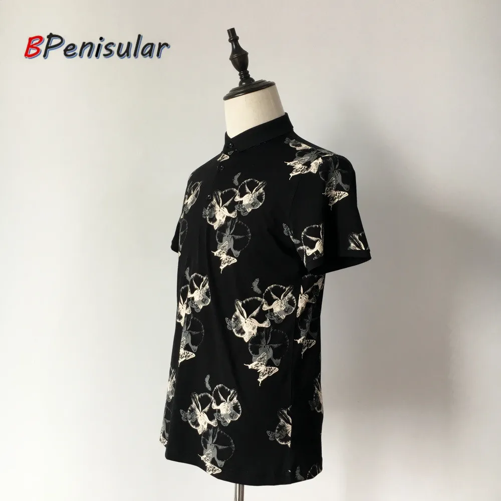 Мужские черные рубашки поло с коротким рукавом повседневные цветочным принтом и