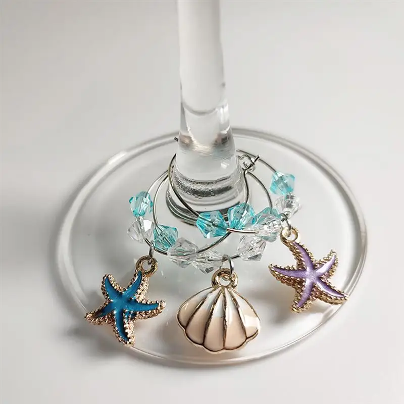 

6Pcs Shell Pendant Glass Rings Identify Label Ring Ocean Style Glass Marker Charming Ocean-Themed Identification Rings