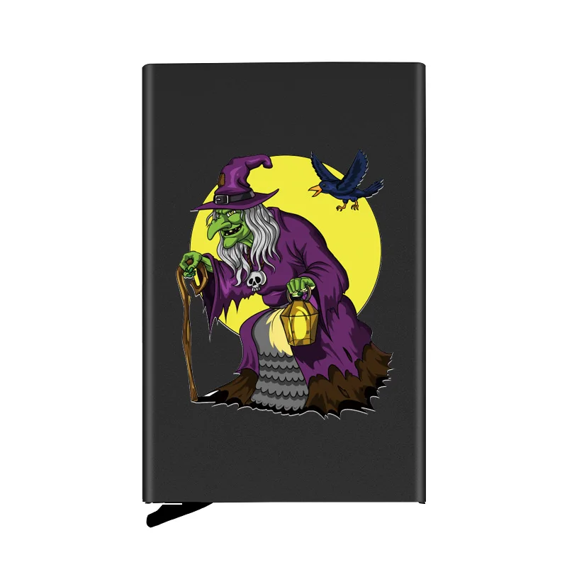 

Personality Halloween Witch Card Fully Automatic Men Anti Metal Credit Card Holder Wallet Women Aluminum Case