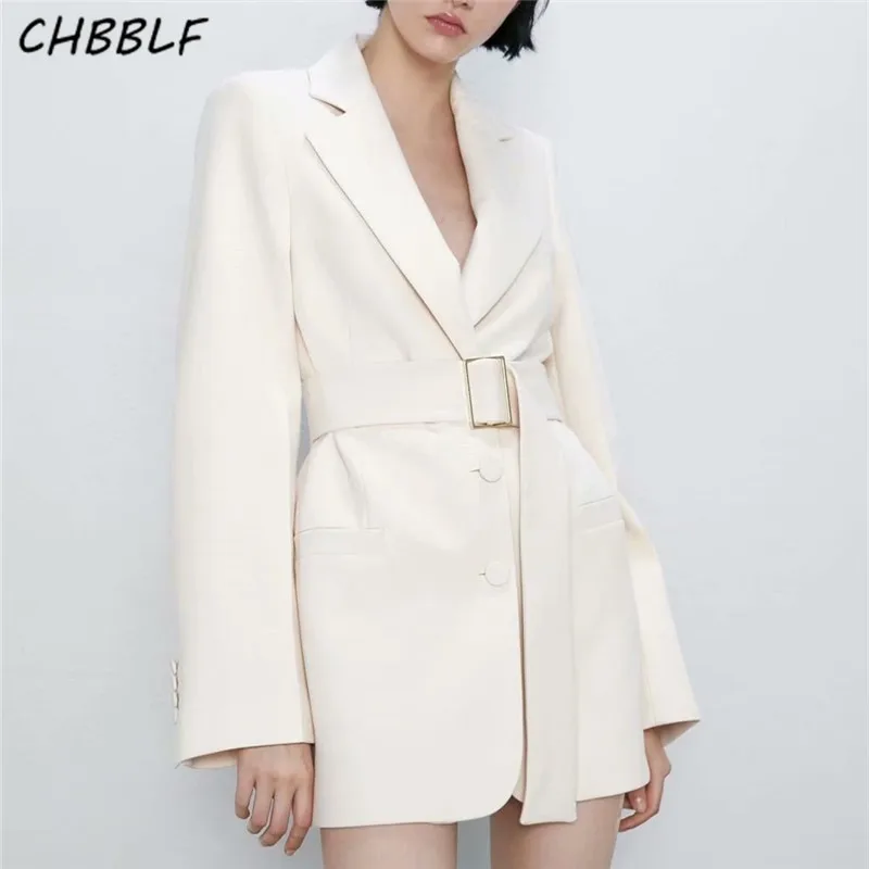 

CHBBLF women stylish solid blazer bow tie belt notched collar pockets long sleeve coat female office wear casual tops HJH2298