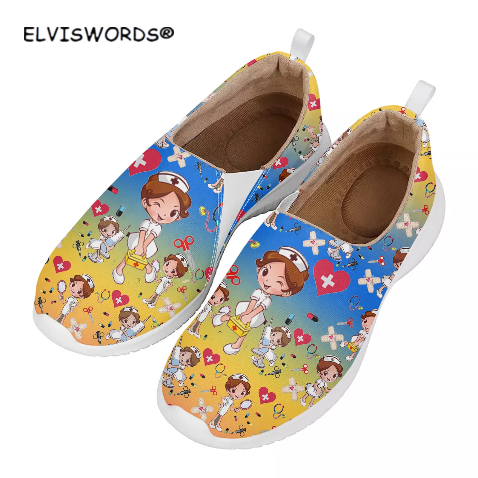 

ELVISWORDS Gradient Nurse Pattern Women's Flats Shoes Casual Ladies Walking Shoes Comfortable Female's Beach Loafers Footwear