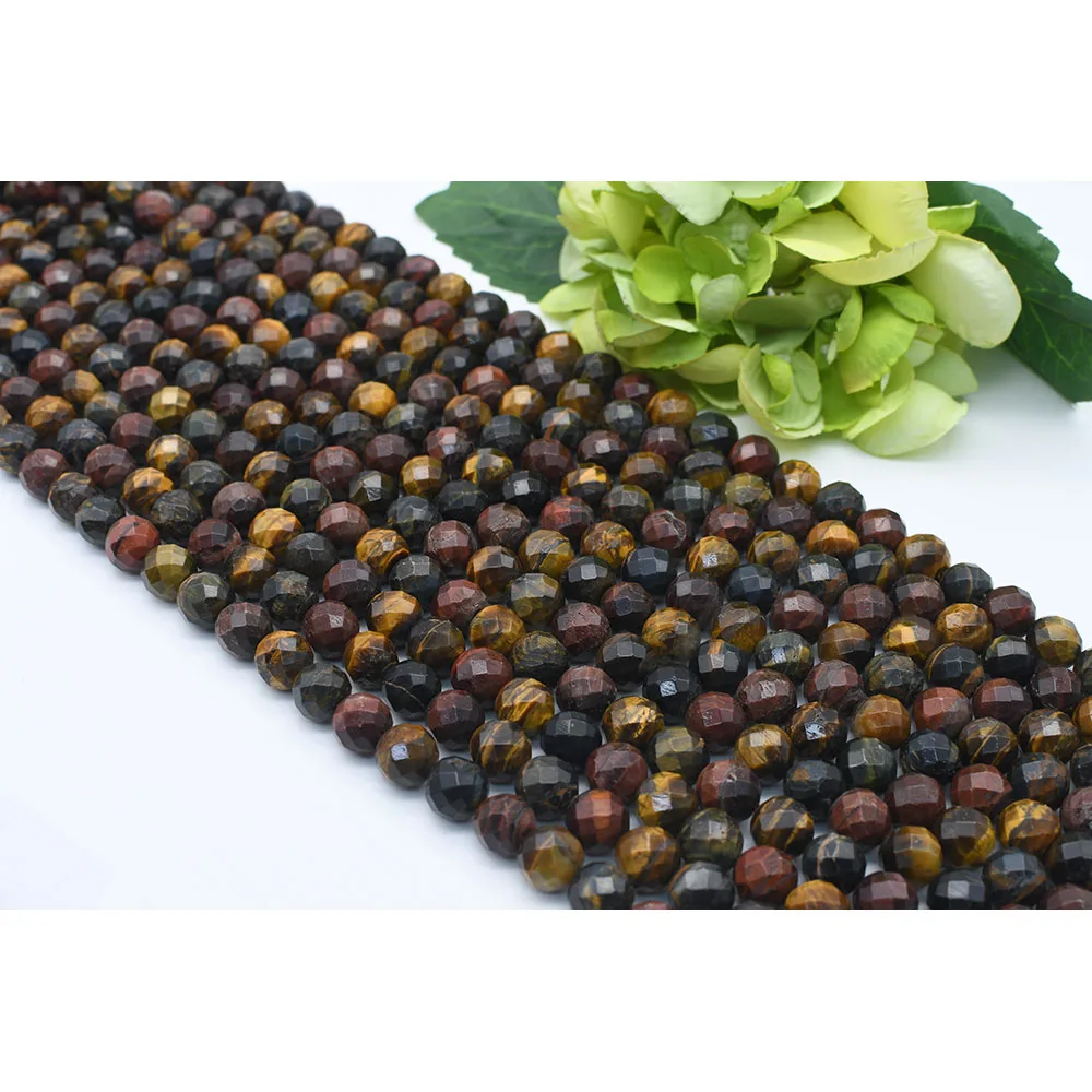 

6-10mm Natural Faceted Three-color Tiger's eye Round stone beads For DIY Bracelet Necklace Jewelry Making Strand 15"