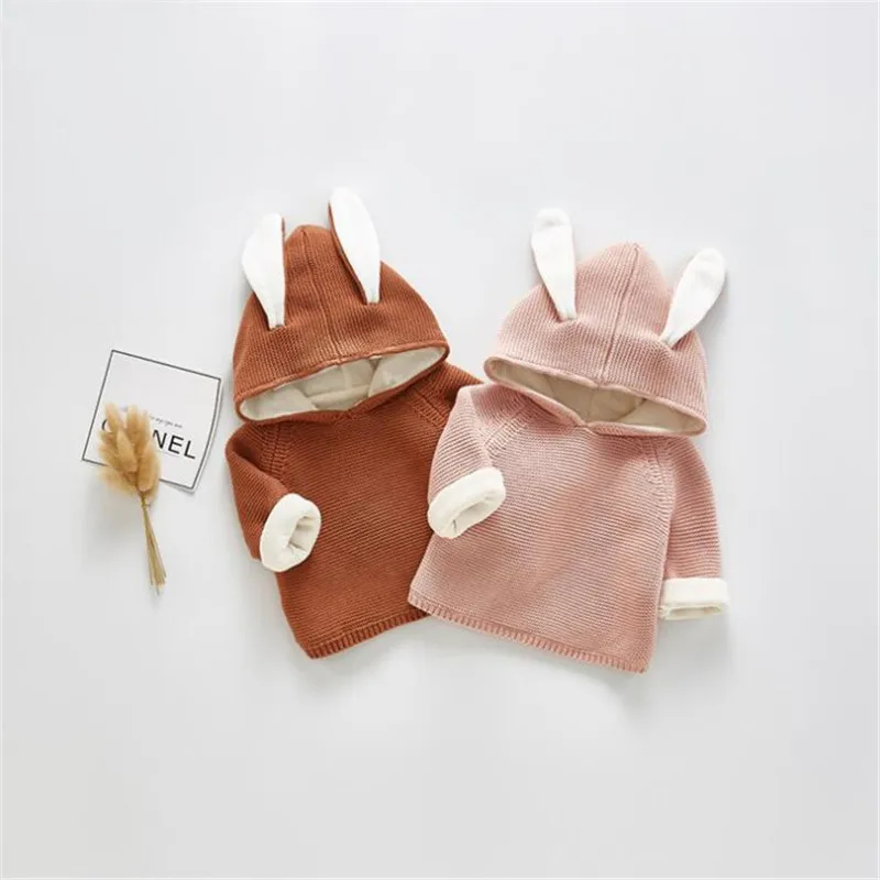 Свитер для маленьких девочек зимняя одежда с капюшоном и рисунком кролика