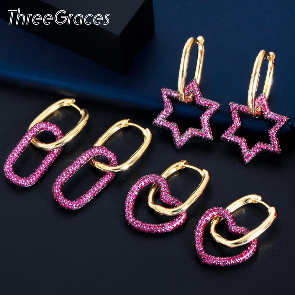 

Женские серьги-кольца ThreeGraces, серьги-кольца с овальной звездой и сердечком розового и красного цвета, ювелирные изделия золотого цвета с фиа...