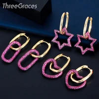threegraces unique dangling star oval love heart hoop earrings for women rose red cz crystal fashion gold color jewelry er593