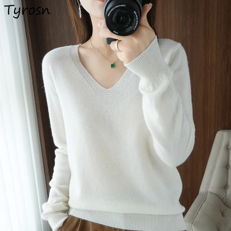 

Pullovers Women Solid All-match V-neck Chic Basic Sweaters Fashion Soft Loose-fit Long Sleeve Knitted Tops Mujer Japanese Style