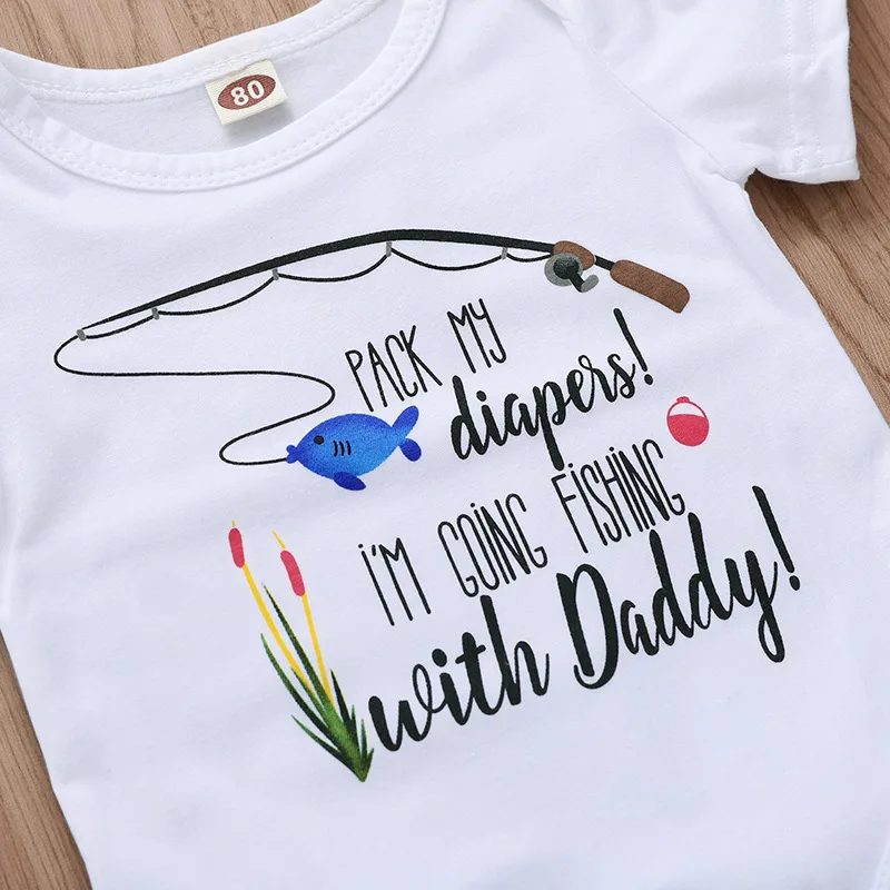 Одежда для новорожденных белый комбинезон с надписью Fishing with Daddy боди короткими