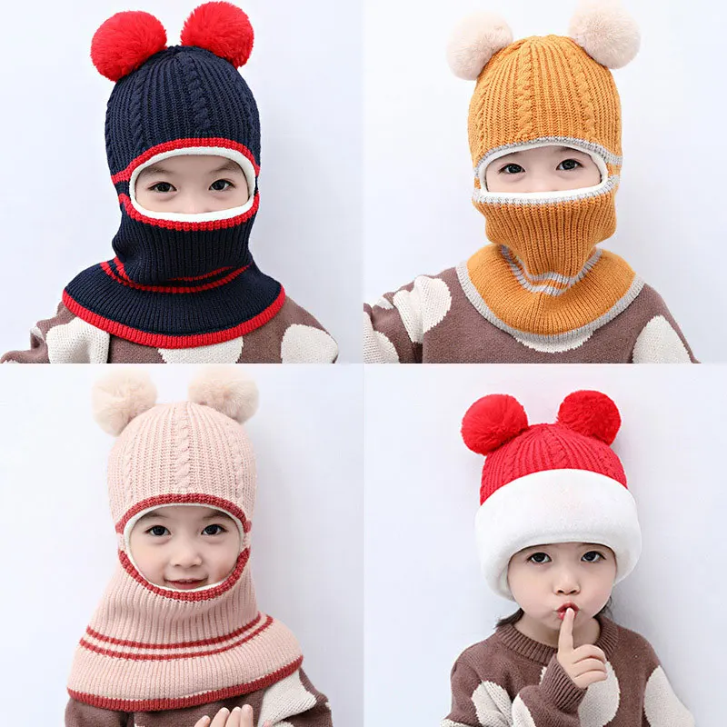 ncmama Ear Flap Winter Hat Scarf Set Warm Knitted Beanie Plush Cotton Cap New Baby Boys Girls Hat Kids Children Outdoor Hat Gift