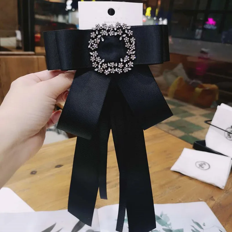 

Fashion Ribbon Bow Tie High-end Women's Korean Style Plum Blossom Rhinestone Brooch Shirt Collar Flower Accessories