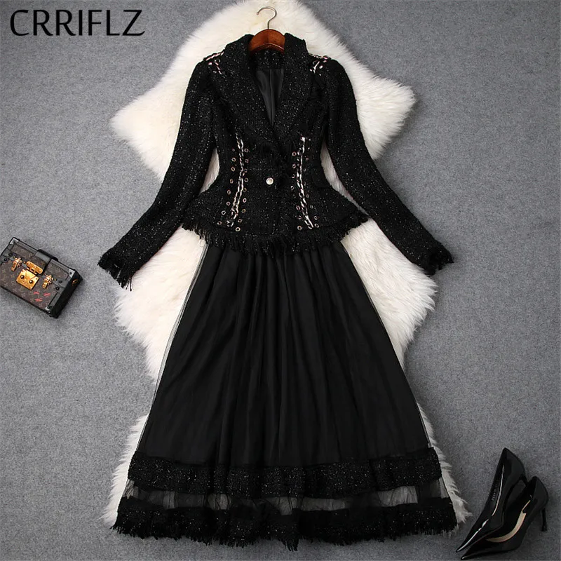 Женский комплект с юбкой длинный рукав зубчатый воротник твид кисточки короткая