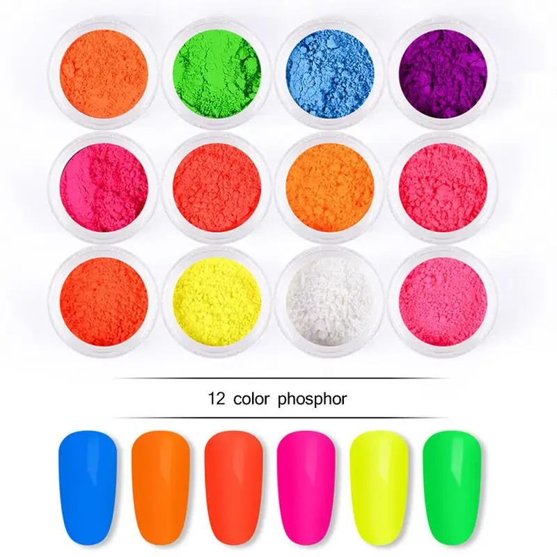 

12 Colors Neon Phosphor Powder Set Nail Glitter Powder The Powder Nail In Luminous Glitters Pigment highlighter Dark Fluore N1A1