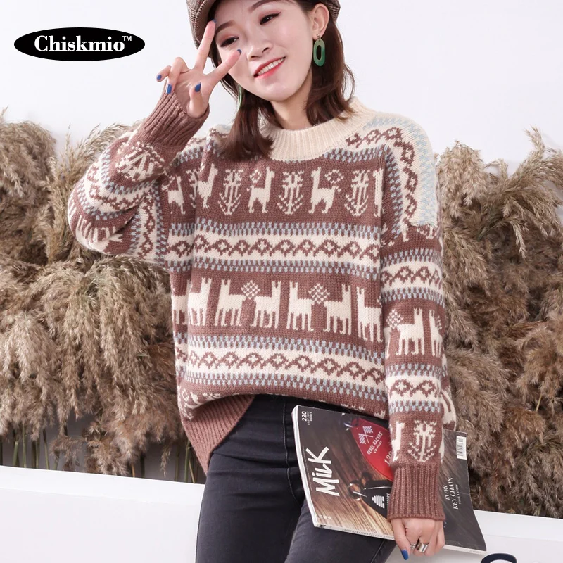

Christmas Deer Knitted Tops Women New O-Neck Knitting Sweater Loose Warm Knit Pullover Ladies Streetwear Knitwear Harajuku