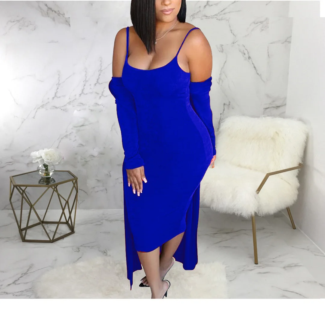 

2021 Two Piece Set Women Clothes For Ladies Outfits Ruffle Trim Solid Tube Bodycon Dress With Longline Coat Party Wear Wholesale