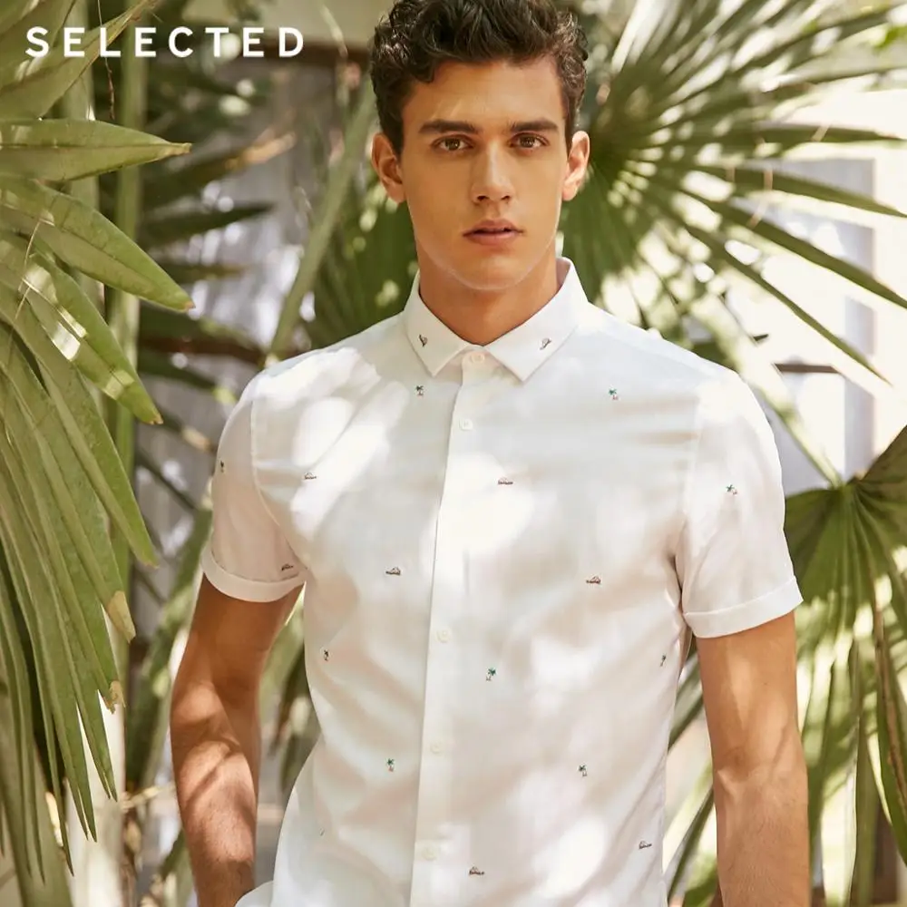 SELECTED Men's Summer 100% Cotton Embroidered Slim Fit Short-sleeved Shirt S|418204547 | Мужская одежда