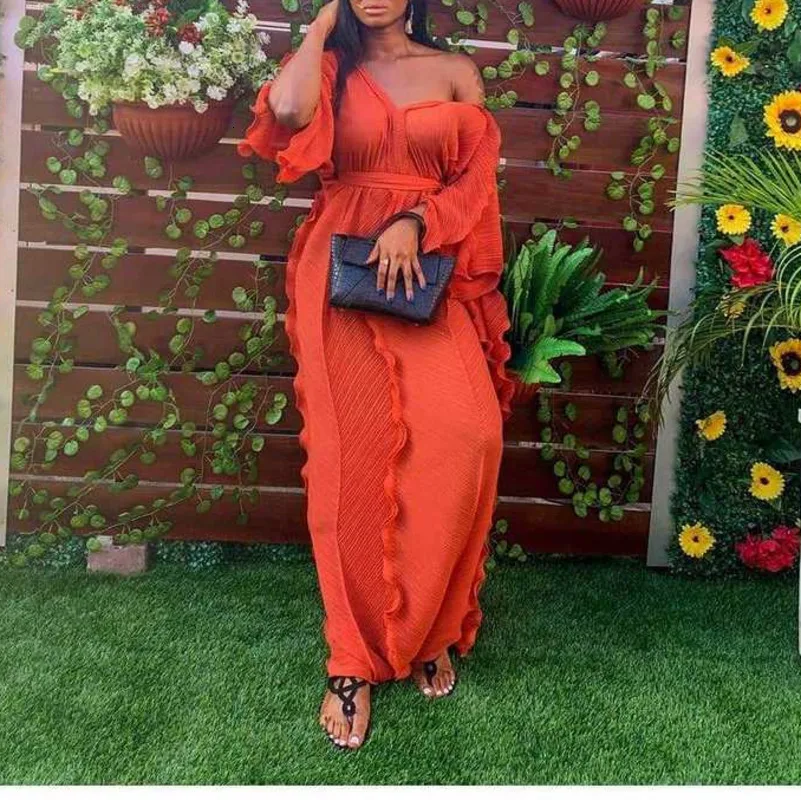 Плиссированное Длинное свободное оранжевое платье женское элегантное Туника