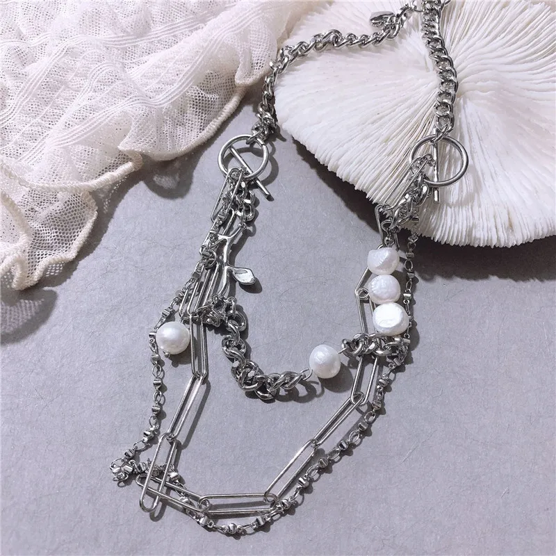 Женская многослойная металлическая цепочка AOMU ожерелье цвета серебро в стиле