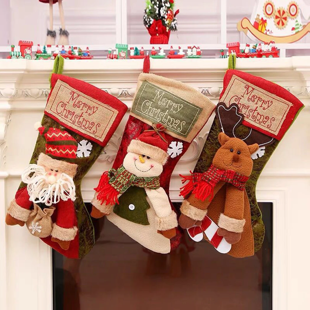 

1pc Christmas Stocking Vintage Socks Santa Claus Snowman Elk Christmas Decoration Window Pendant Home Party Decoration