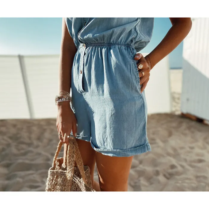 

Spring and summer short-sleeved denim jumpsuit short elastic waist single-breasted female ins jumpsuit