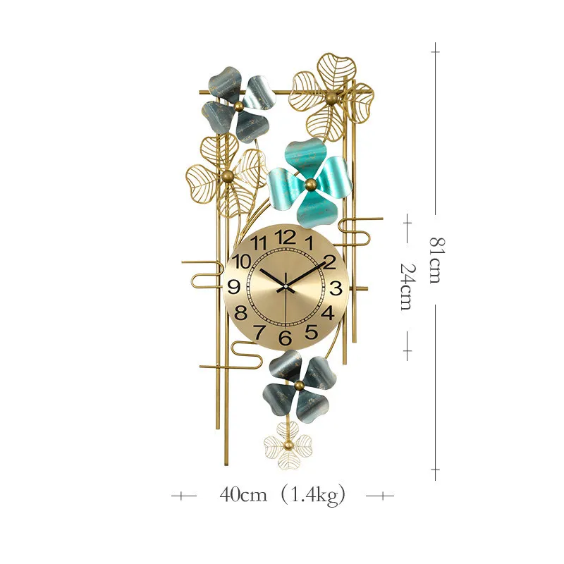 

Wall Clock Golden Metal Luxury Fashion Swing Large Living Room Decoration Wall Watches Silent Movement Clover Art Clocks Gift