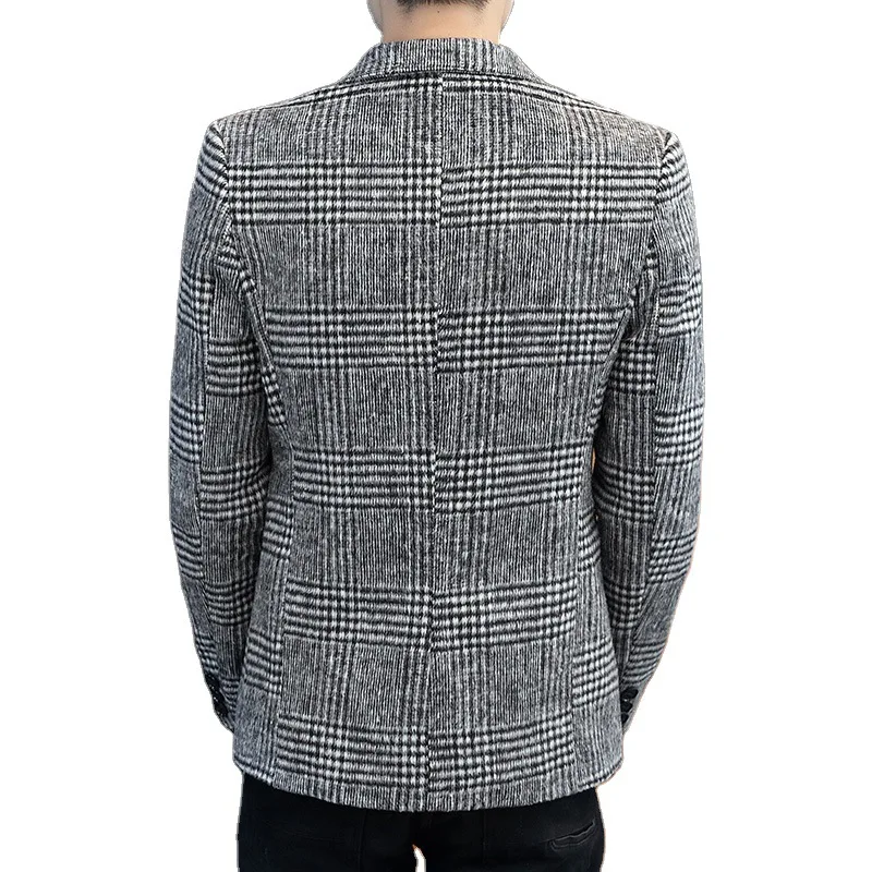 HOO 2021 Men's Autumn and Winter Casual Plaid Suit Fleece-Lined Slim Woolen blazer | Мужская одежда