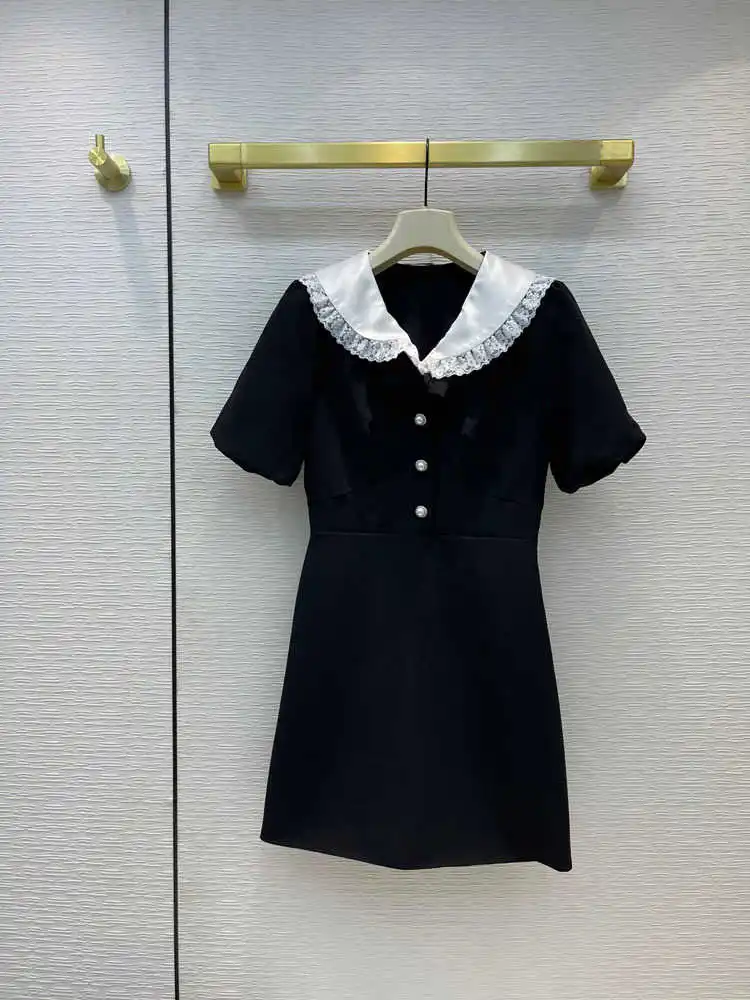 

Elegant Retro Black Dresses for Women Summer 2021 New Lace Collar Short Sleeve Party Dress Top Quality 100% Rayon Evening Dress