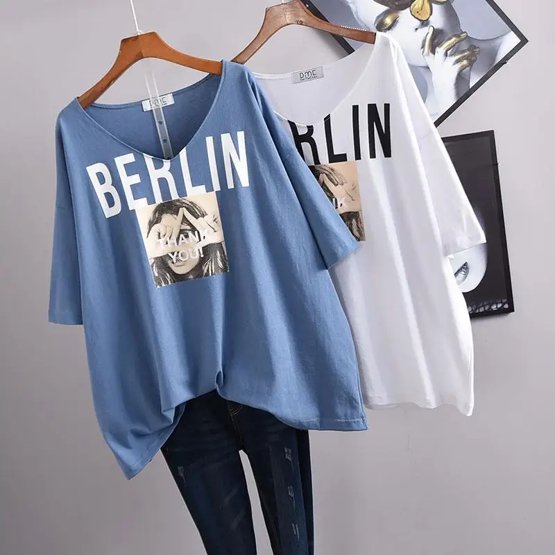 

Summer New Plus Size Women'S V-Neck Wild Short-Sleeved Girl Printing Loose And Thin Mid-Length T-Shirt